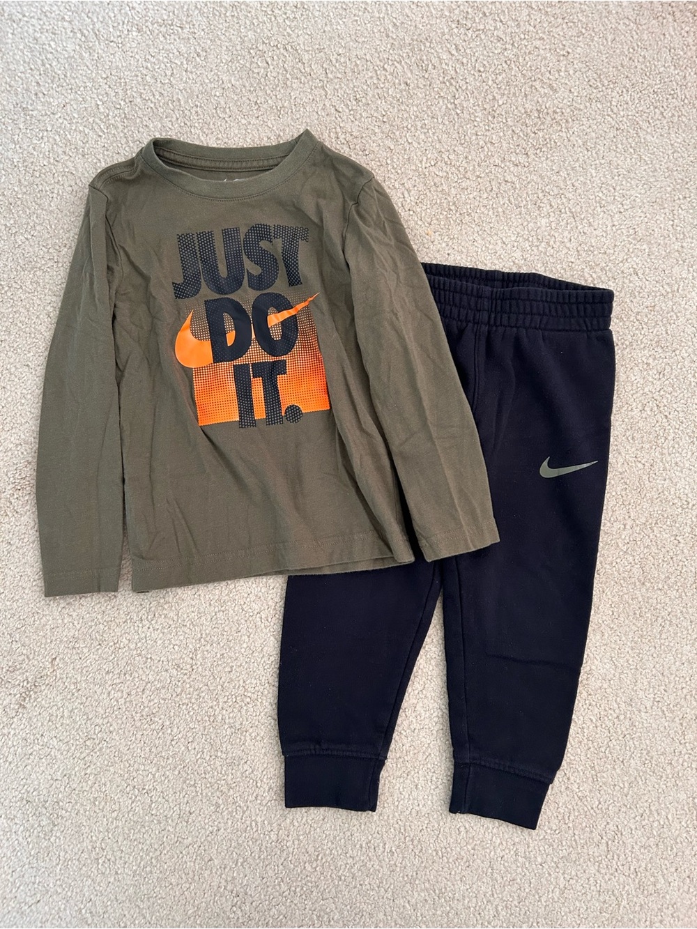 Nike Olive Green Long Sleeve 'Just Do It' Top with Black Joggers